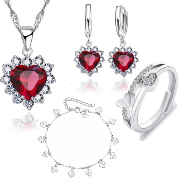 Jewelry - 925 Sterling Silver Heart Earrings Necklace Bracelet And Ring Adjustable Gift